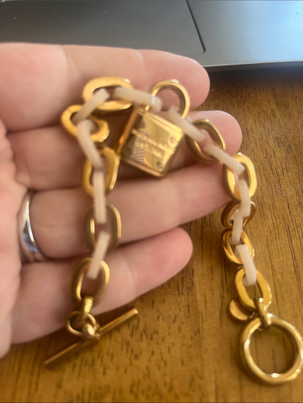 Michael Kors Gold and White Link Chain Bracelet with Padlock Charm - Picture 4 of 4